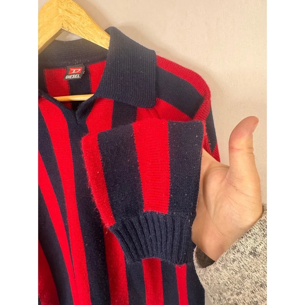 Diesel Red Navy‎ Blue Vertical Stripe Polo Collar Knit Sweater Men M AC Milan